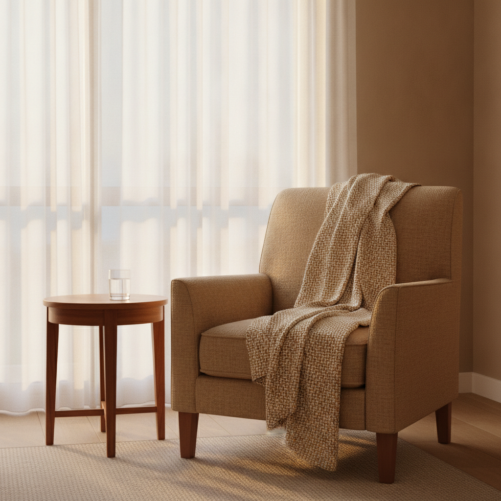 A quiet armchair by a sunlit window in an aged-care room, a knitted throw over the arm