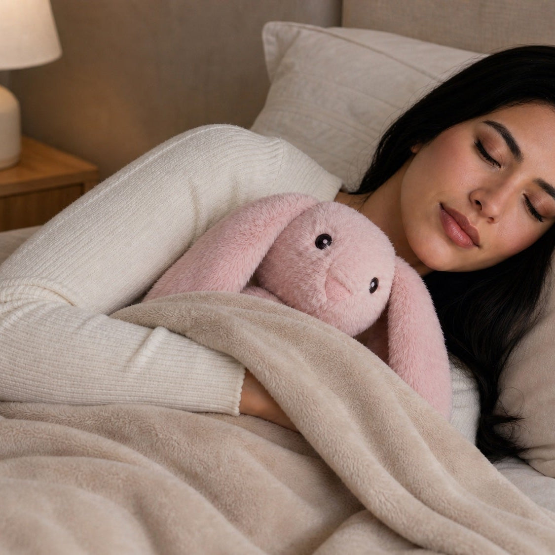 A woman falling asleep in bed with a 1.8kg weighted stuffed animal Cuddle Pal in her arms, lamp on low
