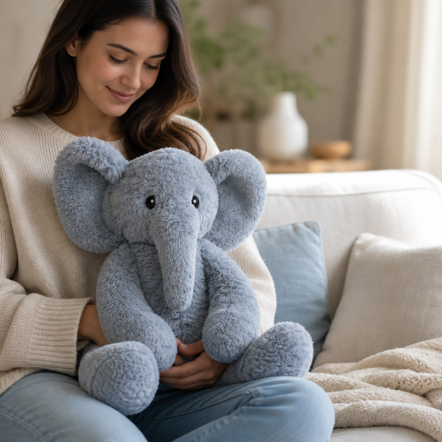 A person sitting on a sofa cuddling a weighted plush elephant Cuddle Pal on their lap in a calm, light-filled living room