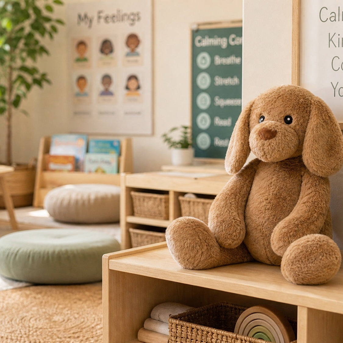 A calm corner in a sensory friendly classroom with a feelings chart, calming posters and a weighted Cuddle Pal on the shelf