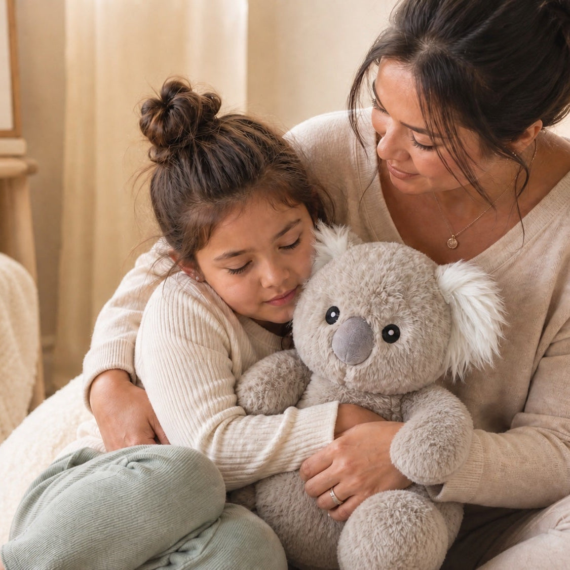 A mother sits quietly with her child after a sensory meltdown, the child hugging a weighted Cuddle Pal in her arms