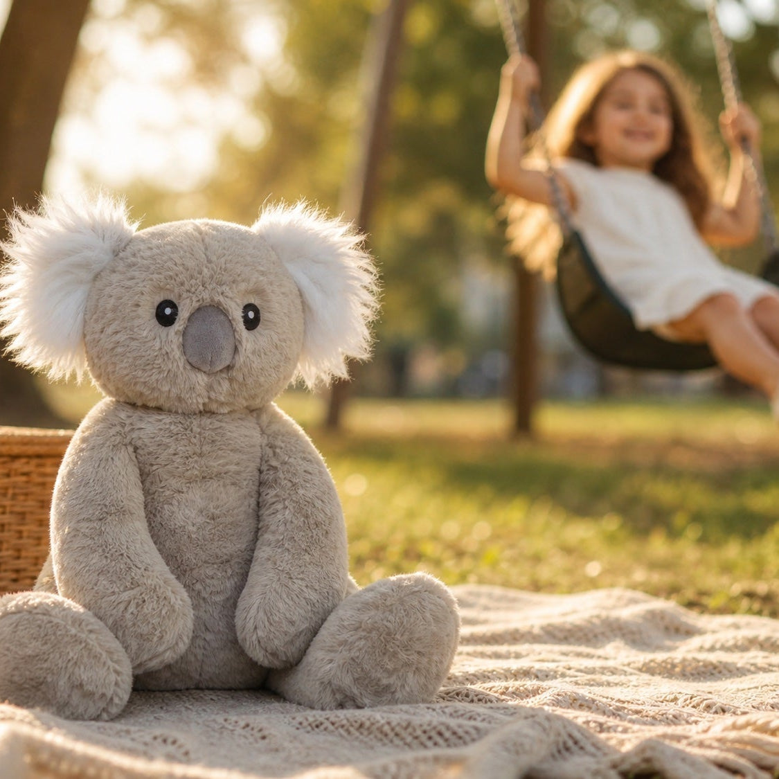 A child swinging at the park, one of many vestibular input activities, with a weighted Cuddle Pal waiting on the picnic blanket