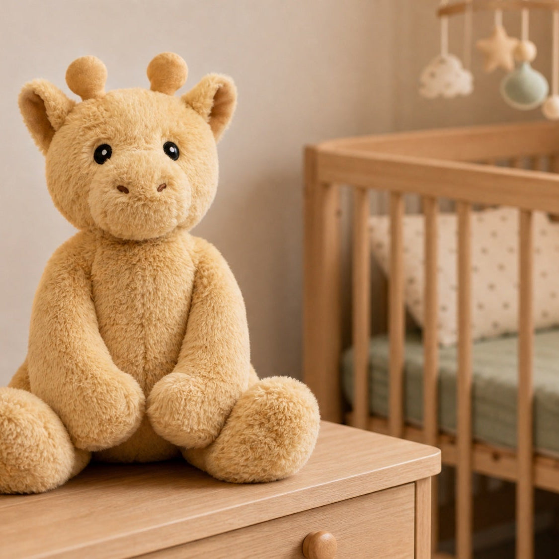 A weighted plush Cuddle Pal on the dresser beside a baby's cot, not inside it