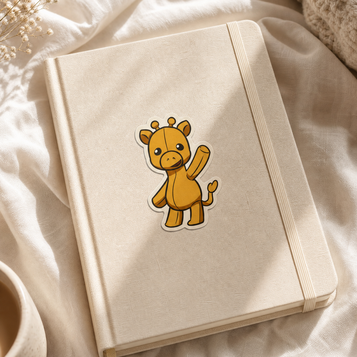 Giggles the Giraffe sticker on a journal