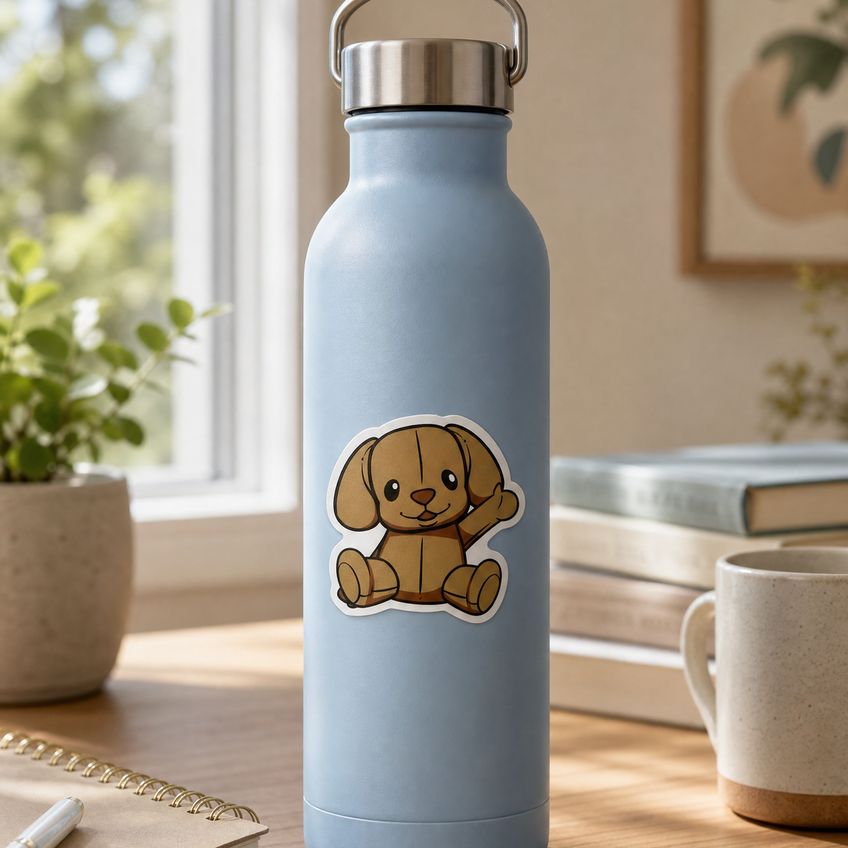 Peanut the Puppy sticker on a water bottle