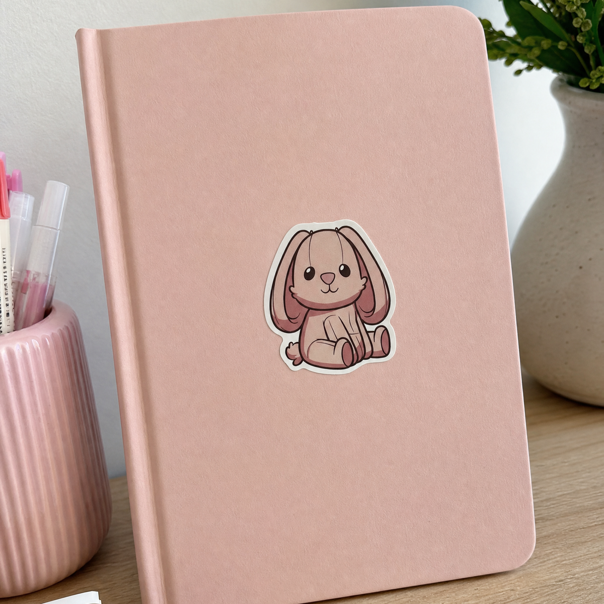 Bubbles the Bunny sticker on a notebook