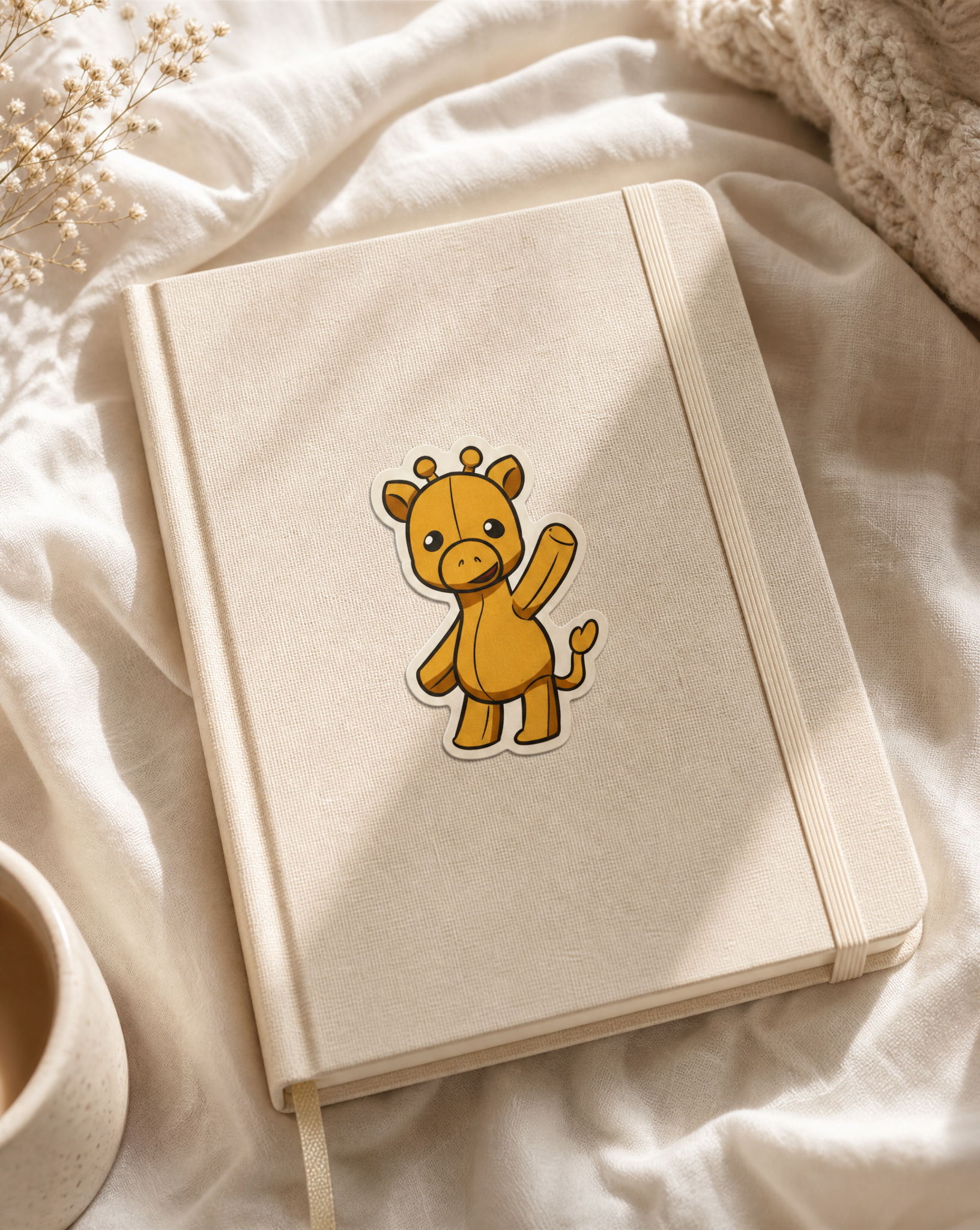 Giggles the Giraffe sticker on a journal