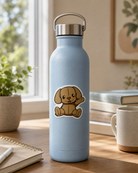 Peanut the Puppy sticker on a water bottle