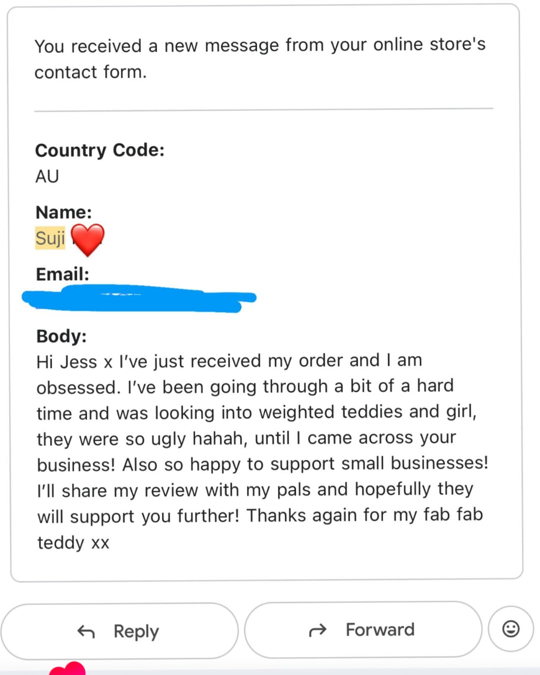 Customer message screenshot
